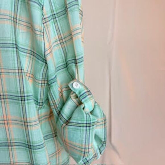 Plaid Button-Down Shirt Mint Green, Roll Tab Sleeves, NWT, Size L - Picture 7 of 7
